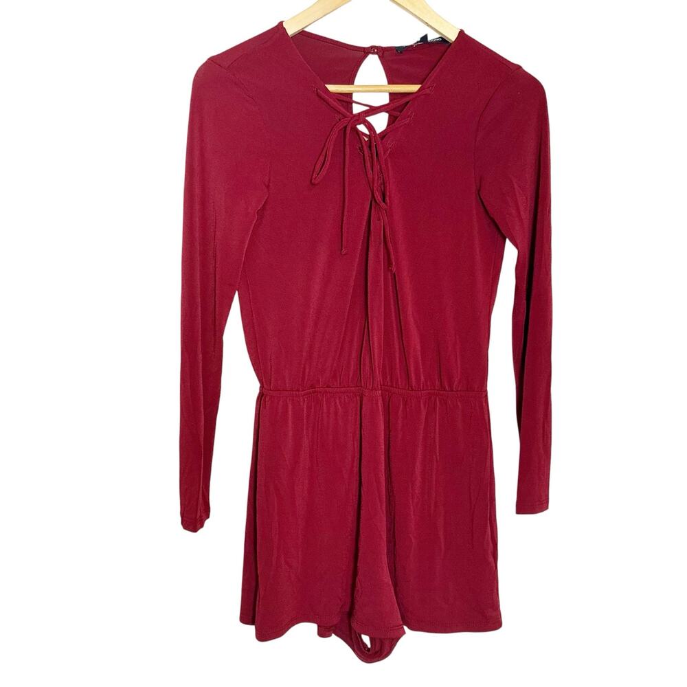 One Love Clothing Red Lace Up Tie Neck Keyhole Long Sleeve Romper Size Small